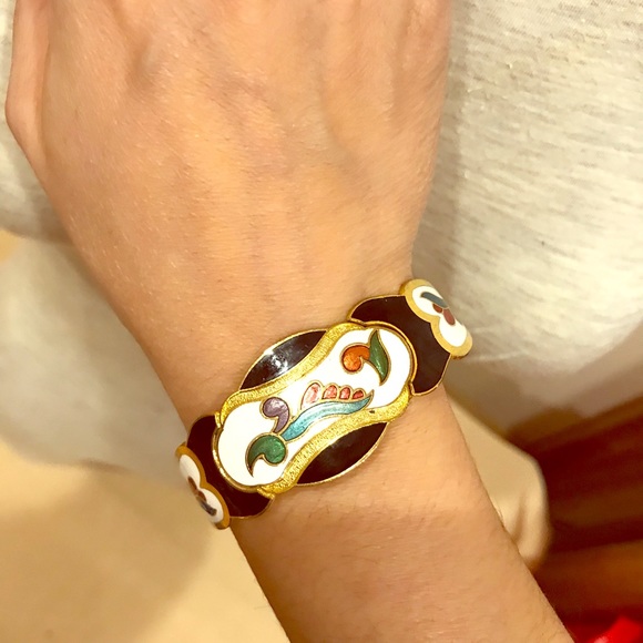 Jewelry - Multicolor yellow metal enamel open cuff bracelet.
